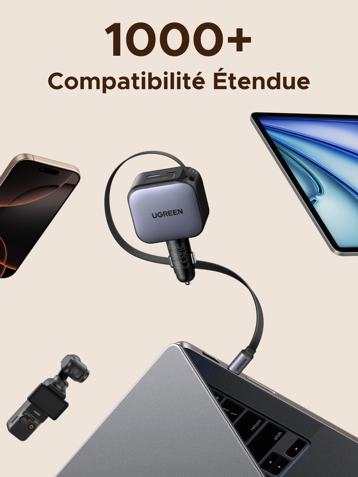 Le chargeur de voiture UGREEN Nexode 90W avec câble USB-C rétractable est un chargeur de voyage (travel charger) hautement compatible, adapté à plus de 1000 appareils, idéal pour les trajets.