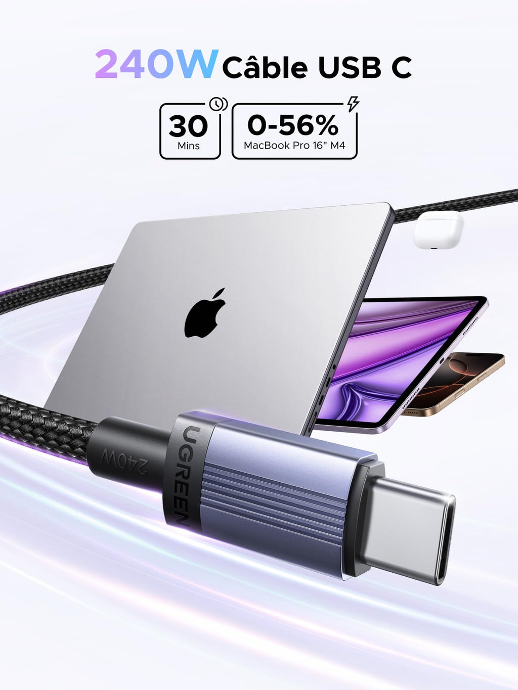 UGREEN Zapix Câble USB C PD 3.1 240W 5A 48V Charge Rapide Nylon Tressé