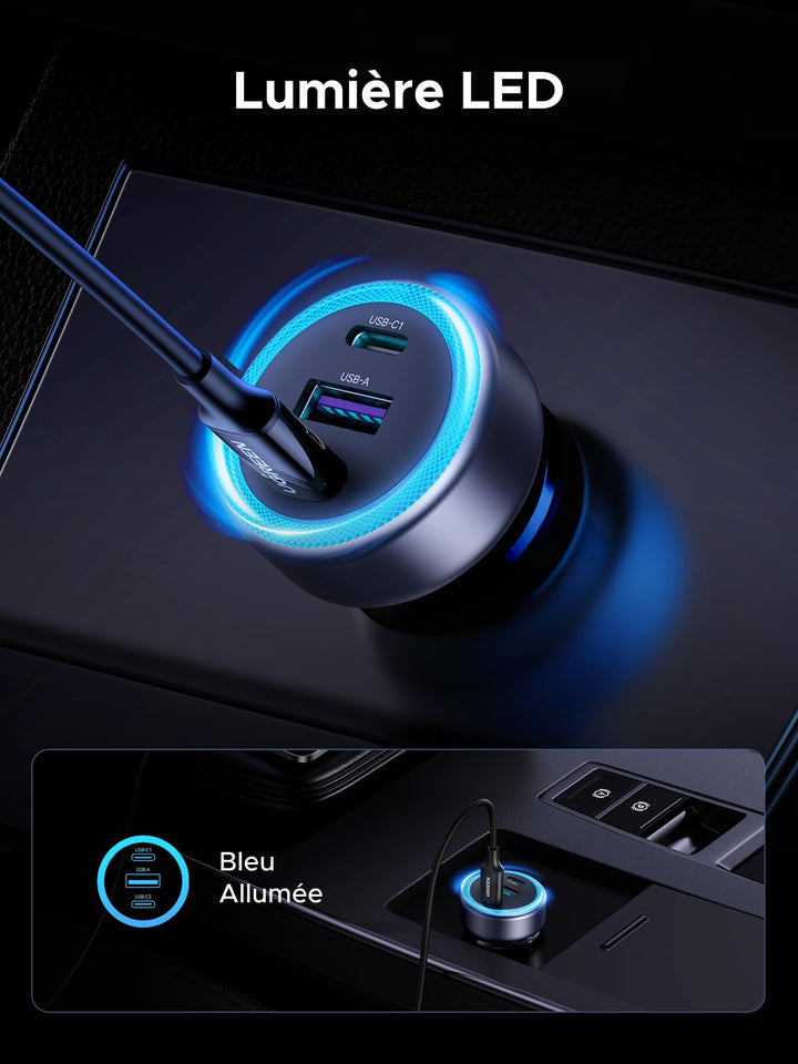 UGREEN Allume Cigare USB C 3 Ports 30W PD QC 3.0 Chargeur Voiture Rapide Lumière LED Compatible avec iPhone 16 Plus Pro Max 15 14 13 Galaxy S24 Ultra S23 Pixel 9 8 7