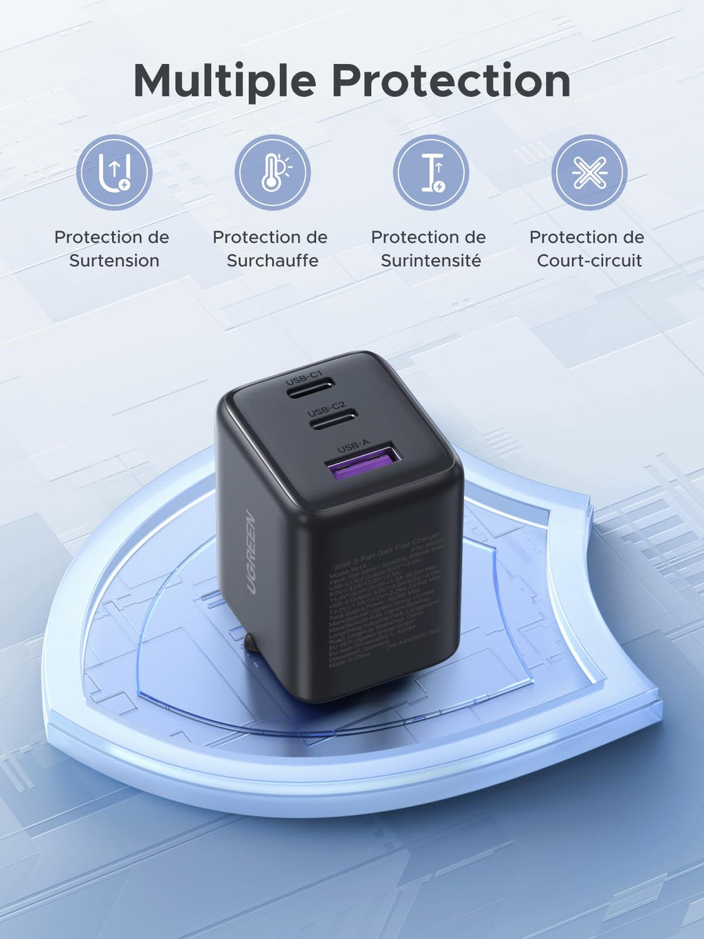 UGREEN Zapix 30W Chargeur USB C Rapide iPhone 3 Ports Prise Secteur (Noir)