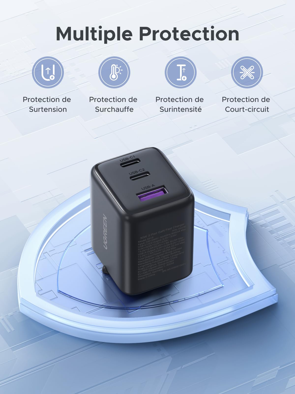 UGREEN Zapix 30W Chargeur USB C Rapide iPhone 3 Ports Prise Secteur (Noir)