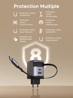 UGREEN chargeur rétractable avec protection 24h/24 et 7j/7 : surtension, court-circuit, sous-tension, redémarrage manuel, surintensité, défaut, température et surcharge.