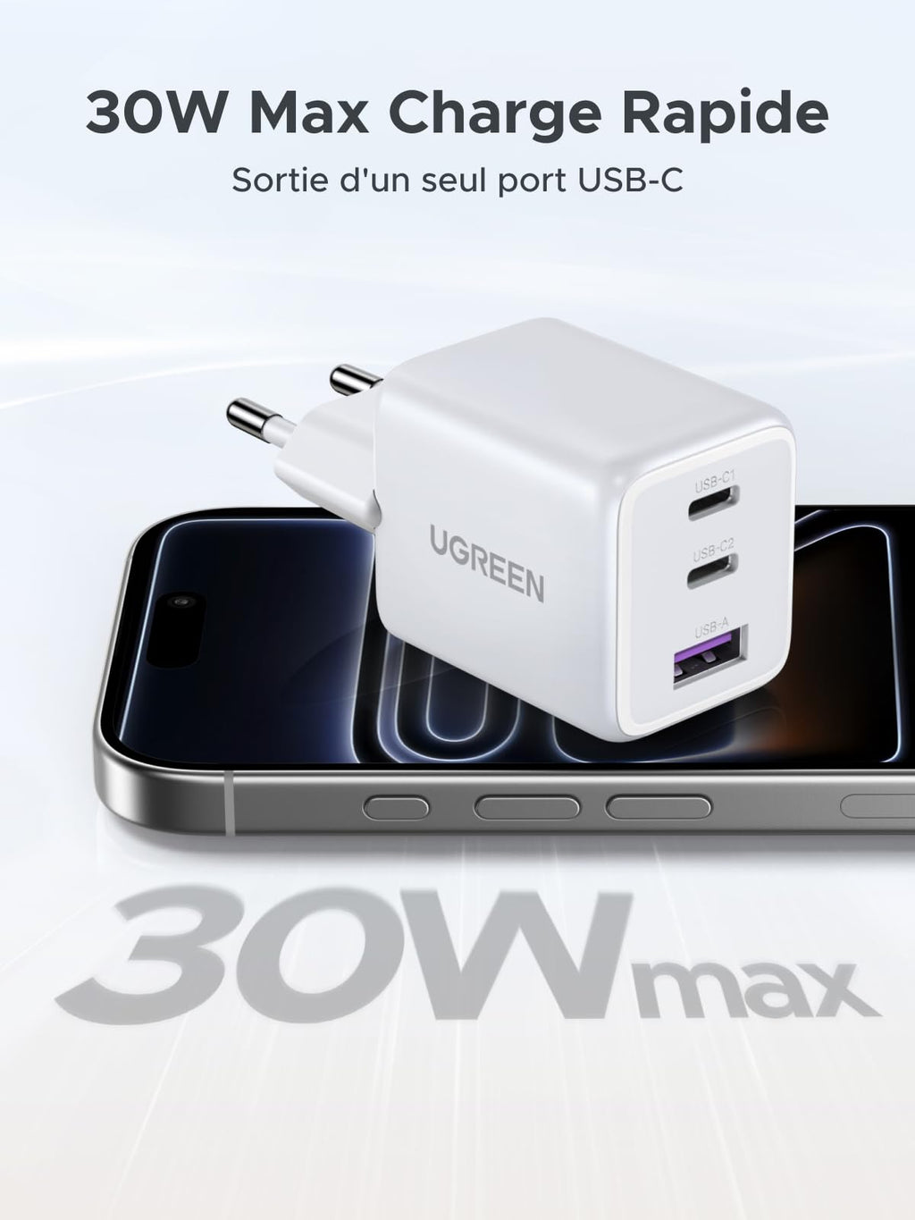UGREEN Zapix 30W Chargeur USB C Rapide iPhone 3 Ports Prise Secteur(Blanc)