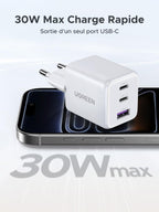 UGREEN Zapix 30W Chargeur USB C Rapide iPhone 3 Ports Prise Secteur(Blanc)