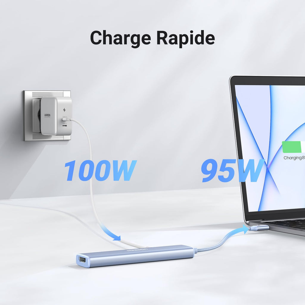 UGREEN Hub USB C 5 en 1 avec HDMI 4K 100W PD Charge 3 Ports USB 3.0 Adaptateur USB C (Bleu)