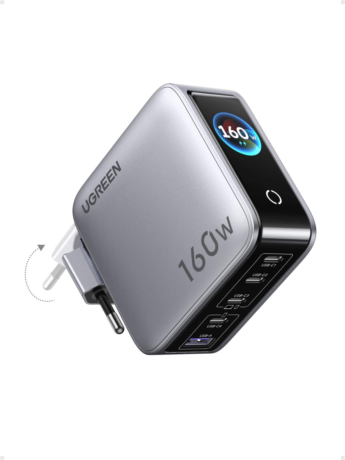 UGREEN Nexode Pro 160W Chargeur USB C Rapide 5 Ports avec Écran TFT GaN II | Compatible avec MacBook Pro Air Neo M5 M4 M3 M2 M1 iPad iPhone 17 Pro Max Air 16 15 14 13 12 Galaxy S26 S25 S24 Pixel 10 9 8