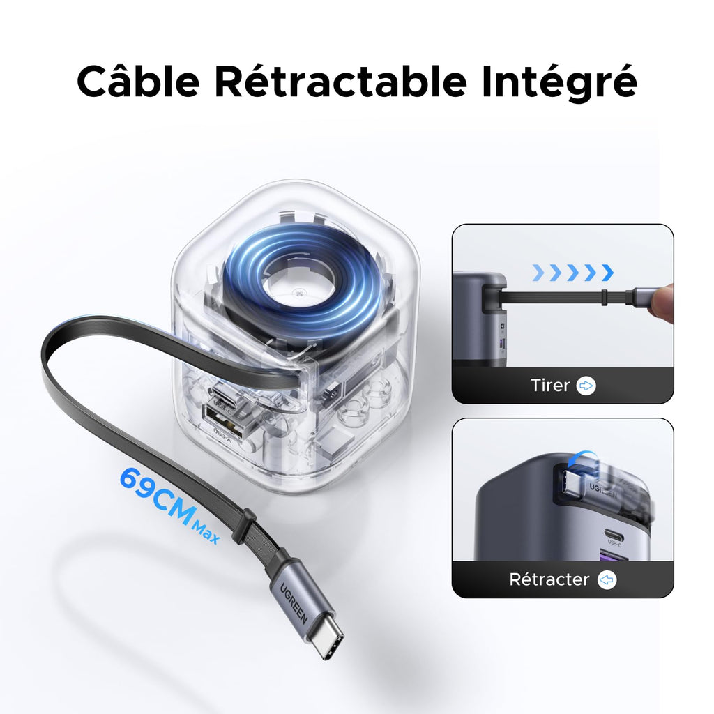 Le chargeur de voyage UGREEN Nexode 45W avec câble USB-C rétractable est pratique grâce à son câble Type-C intégré de 69 cm, facile à étendre et à ranger — parfait pour des chargements bien organisés en déplacement.