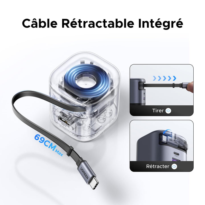 Le chargeur UGREEN Nexode 45W avec câble USB-C rétractable est doté d’un câble Type-C intégré qui s’étend en douceur jusqu’à 69 cm et se rétracte pour un rangement compact et sans enchevêtrement, idéal pour une charge bien organisée à la maison comme en déplacement.