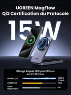 UGREEN MagFlow chargeur sans fil 2-en-1 avec design compatible MagSafe, supportant la charge sans fil Qi2 15 W pour iPhone, doté d’un alignement magnétique puissant qui sécurise l’appareil et permet une charge plus rapide que les chargeurs Qi standard ou autres chargeurs magnétiques.