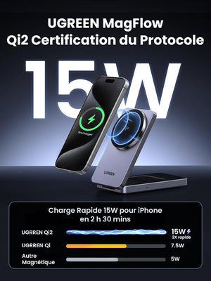 Chargeur Sans Fil UGREEN MagFlow 3-en-1 Qi2 25W MFi - Pour IPhone, AirPods, Apple Watch, Angle Réglable