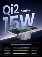 UGREEN MagFlow chargeur sans fil 2-en-1 avec design compatible MagSafe, supportant la charge sans fil Qi2 15 W pour iPhone, doté d’un alignement magnétique puissant qui sécurise l’appareil et permet une charge plus rapide que les chargeurs Qi standard ou autres chargeurs magnétiques.
