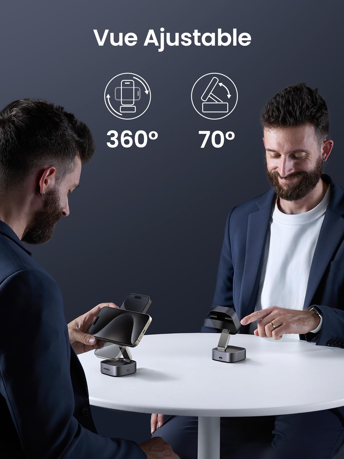 UGREEN MagFlow chargeur sans fil 2-en-1, entièrement compatible MagSafe, avec alignement magnétique puissant et angles de vue ajustables jusqu’à 360° horizontalement et 70° verticalement, supportant la charge sans fil Qi2 15 W pour une utilisation flexible et pratique des appareils.