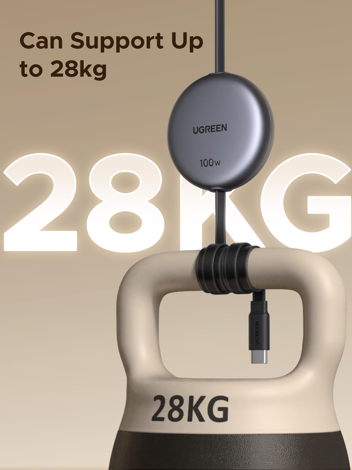 UGREEN Nexode Câble USB-C rétractable 100W offre une résistance exceptionnelle, capable de supporter jusqu’à 28 kg, garantissant une grande durabilité et des performances robustes pour le chargement quotidien et le transfert de données.