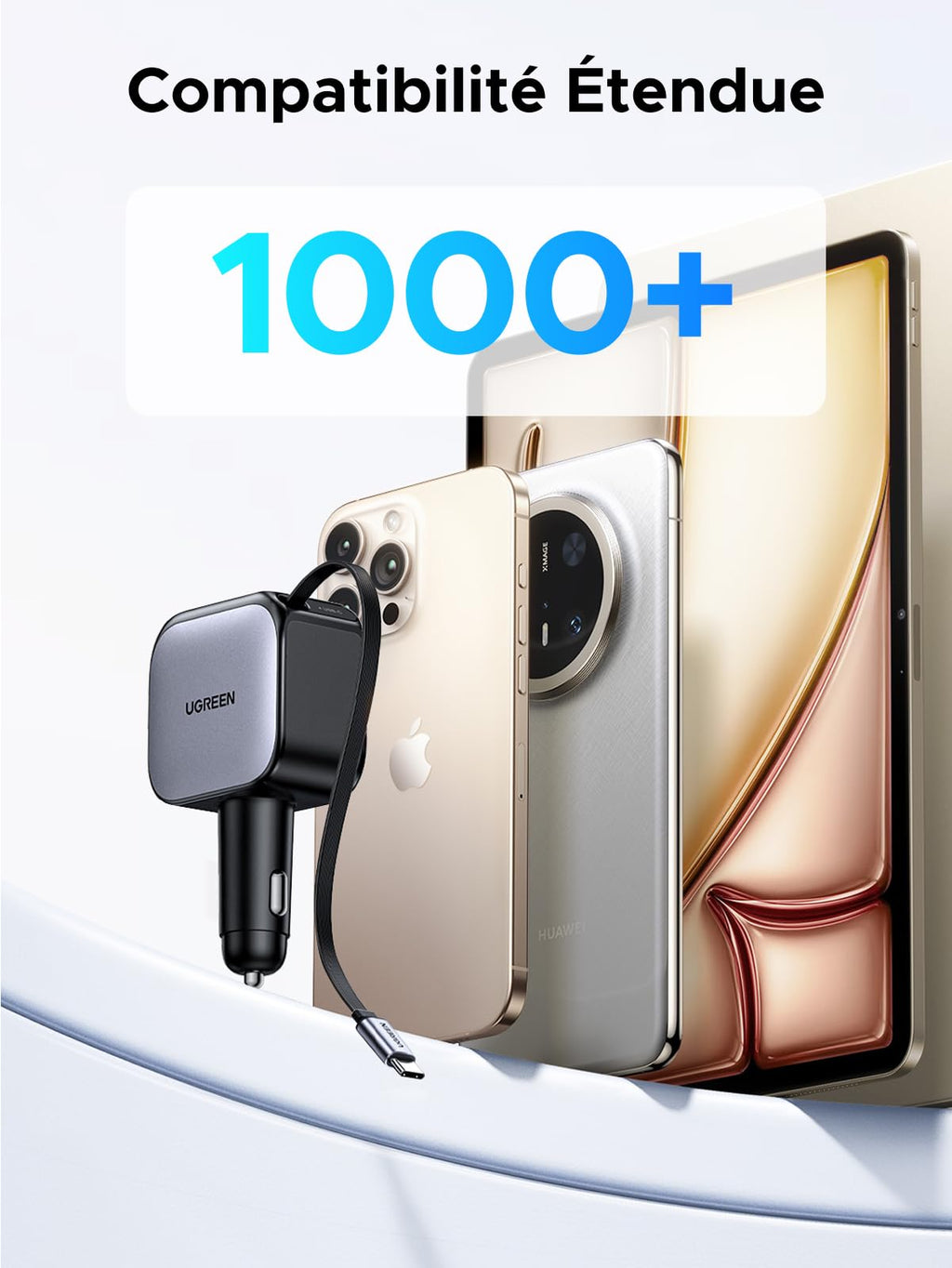 Le chargeur de voiture UGREEN Nexode 90W avec câble USB-C rétractable offre une large compatibilité avec plus de 1 000 appareils, y compris iPhone, iPad, MacBook, Galaxy, Surface, consoles de jeux et autres appareils compatibles USB-C ou USB-A, pour une recharge flexible en déplacement.