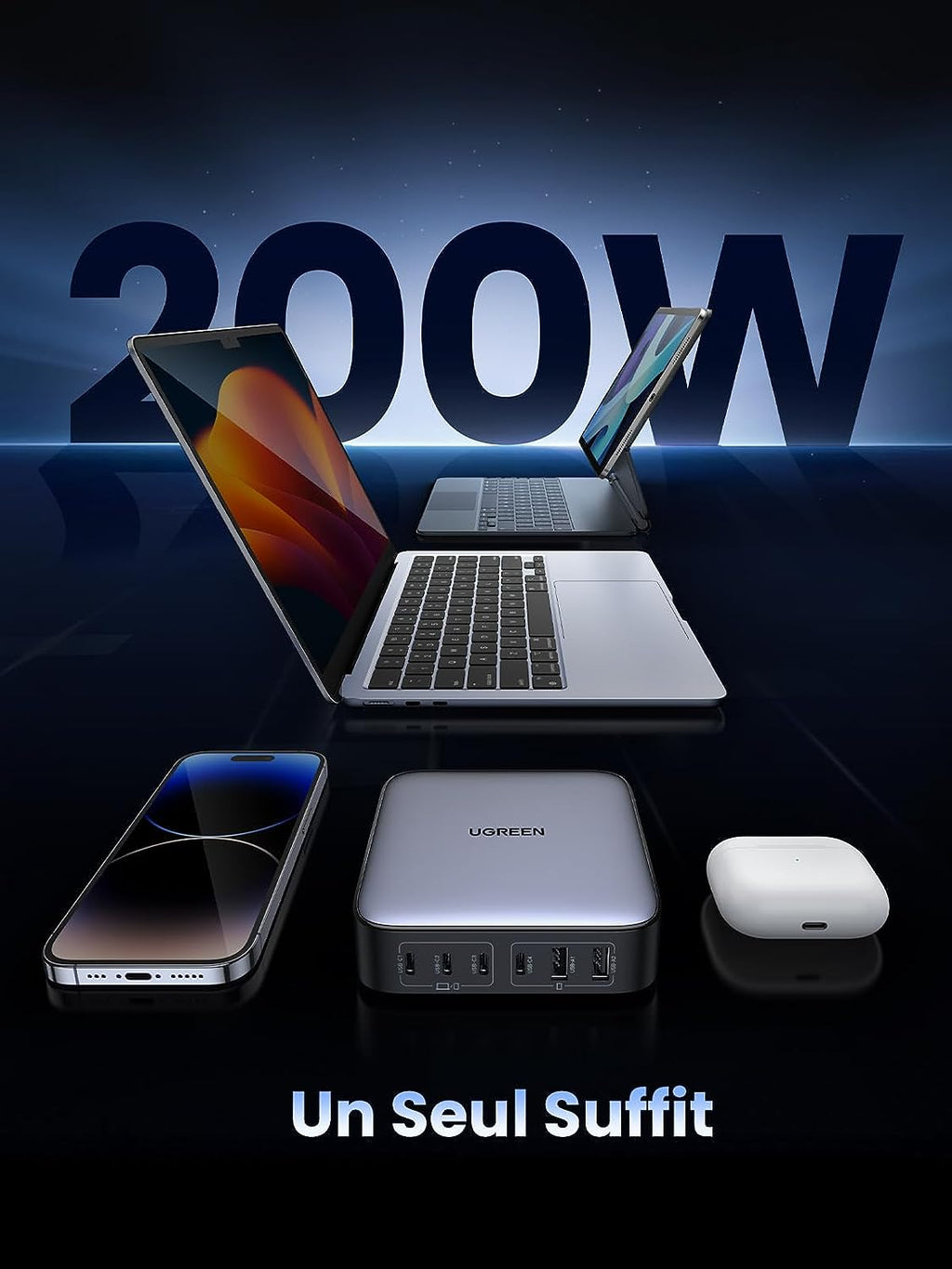 UGREEN Nexode 200W GaN Chargeur avec 2 Câble USB C PD 100W