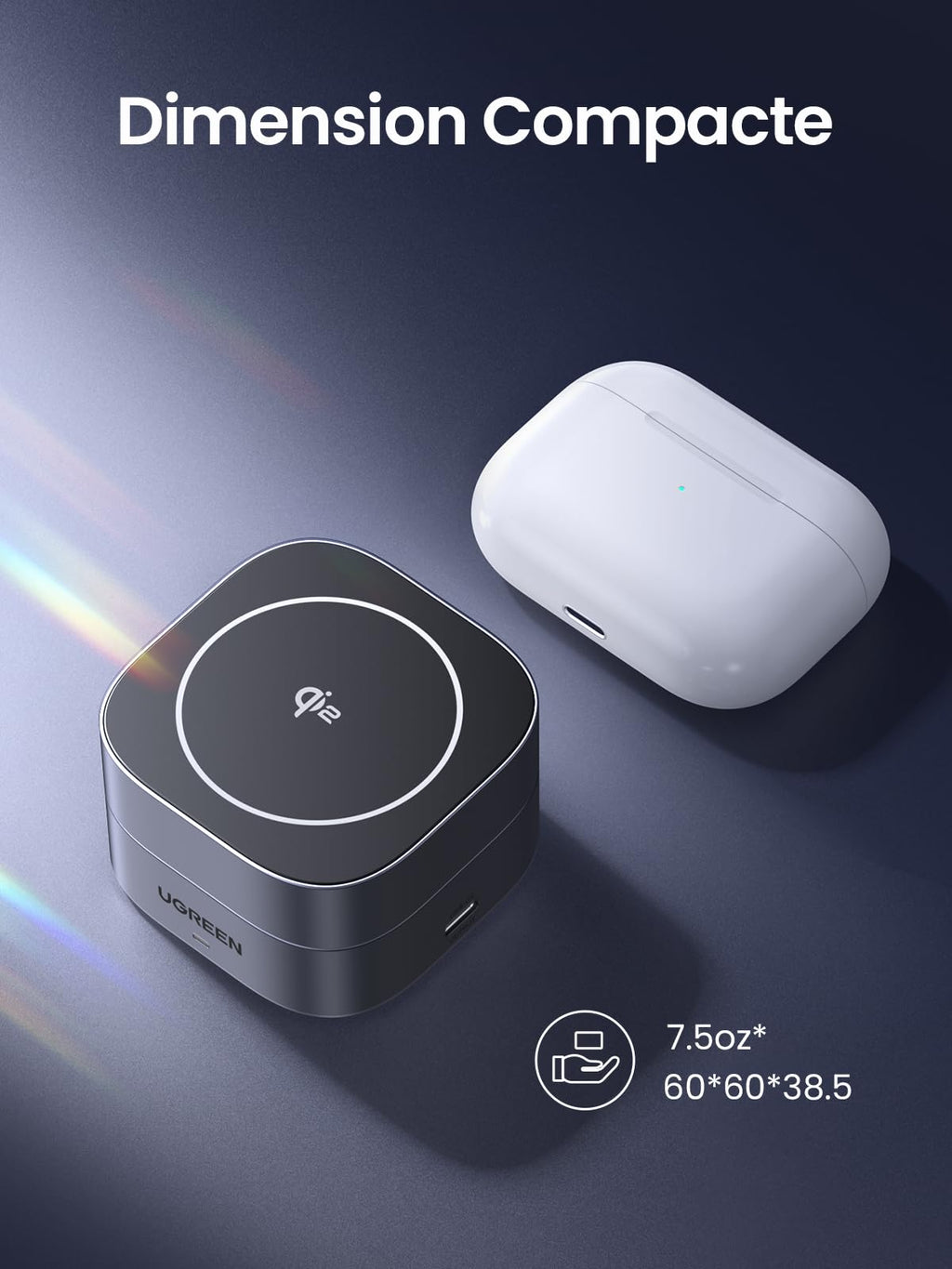 UGREEN MagFlow chargeur sans fil 2-en-1, entièrement compatible MagSafe, compact et léger avec un poids de 212 g et des dimensions de 60×60×38,5 mm, doté d’un alignement magnétique puissant et supportant la charge sans fil Qi2 15 W pour une charge portable et pratique des appareils.