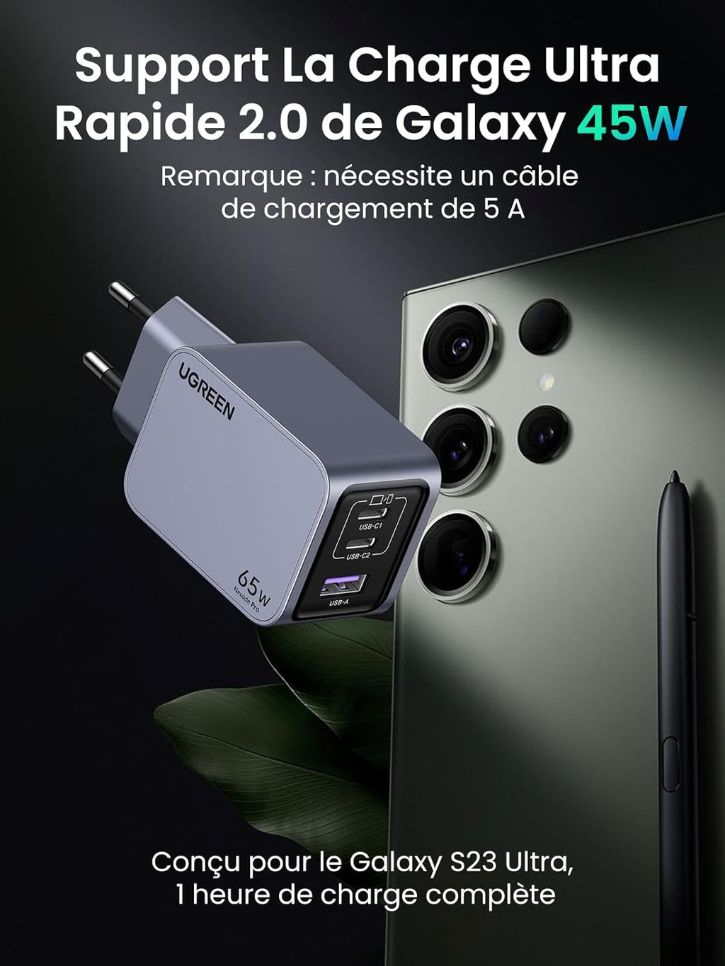 UGREEN Nexode Pro 65W 3 Port GaN Fast Chargeur
