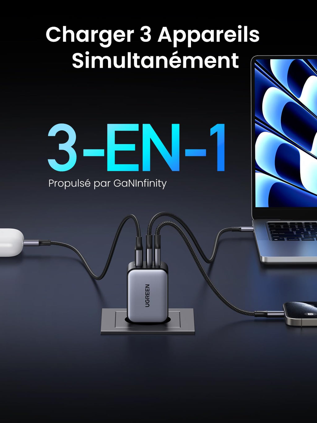 UGREEN Nexode X 65W Chargeur Rapide USB-C à 3 Ports -charger 3 appareils 3-en-1