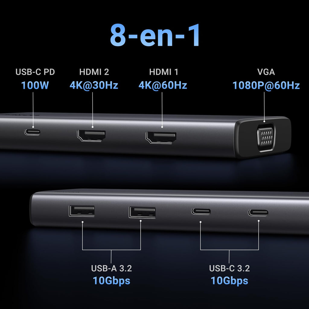 UGREEN Revodok 308 Docking Station Hub USB C 2 HDMI 4K 1 VGA 1080P Triple Affichage 8 en 1 Adaptateur USB C