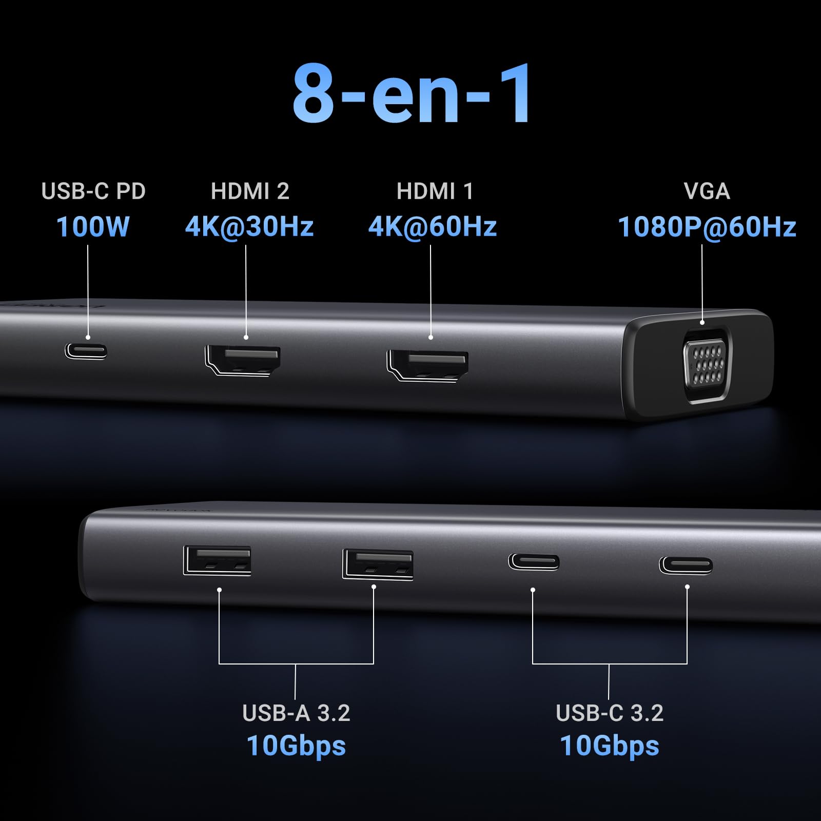 UGREEN Revodok 308 Docking Station Hub USB C 2 HDMI 4K 1 VGA 1080P Triple Affichage 8 en 1 Adaptateur USB C