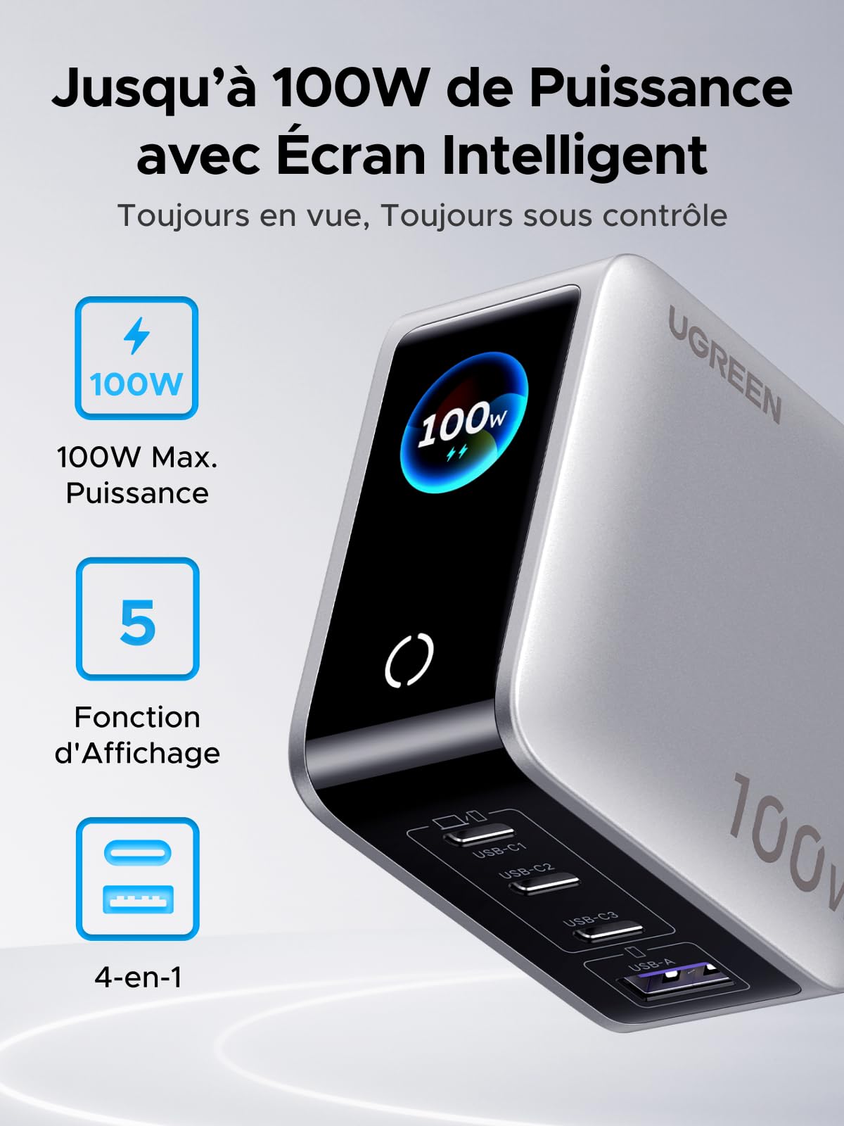 UGREEN Nexode Pro 100W Chargeur Rapide USB C 4 Ports avec Écran Intelligent | GaN Tech, Compatible avec iPhone 17 Pro Max Air 16 15 14 13 Galaxy S26 S25 Pixel 10 9 iPad MacBook Neo Air Pro M5 M4 M3 M2 M1