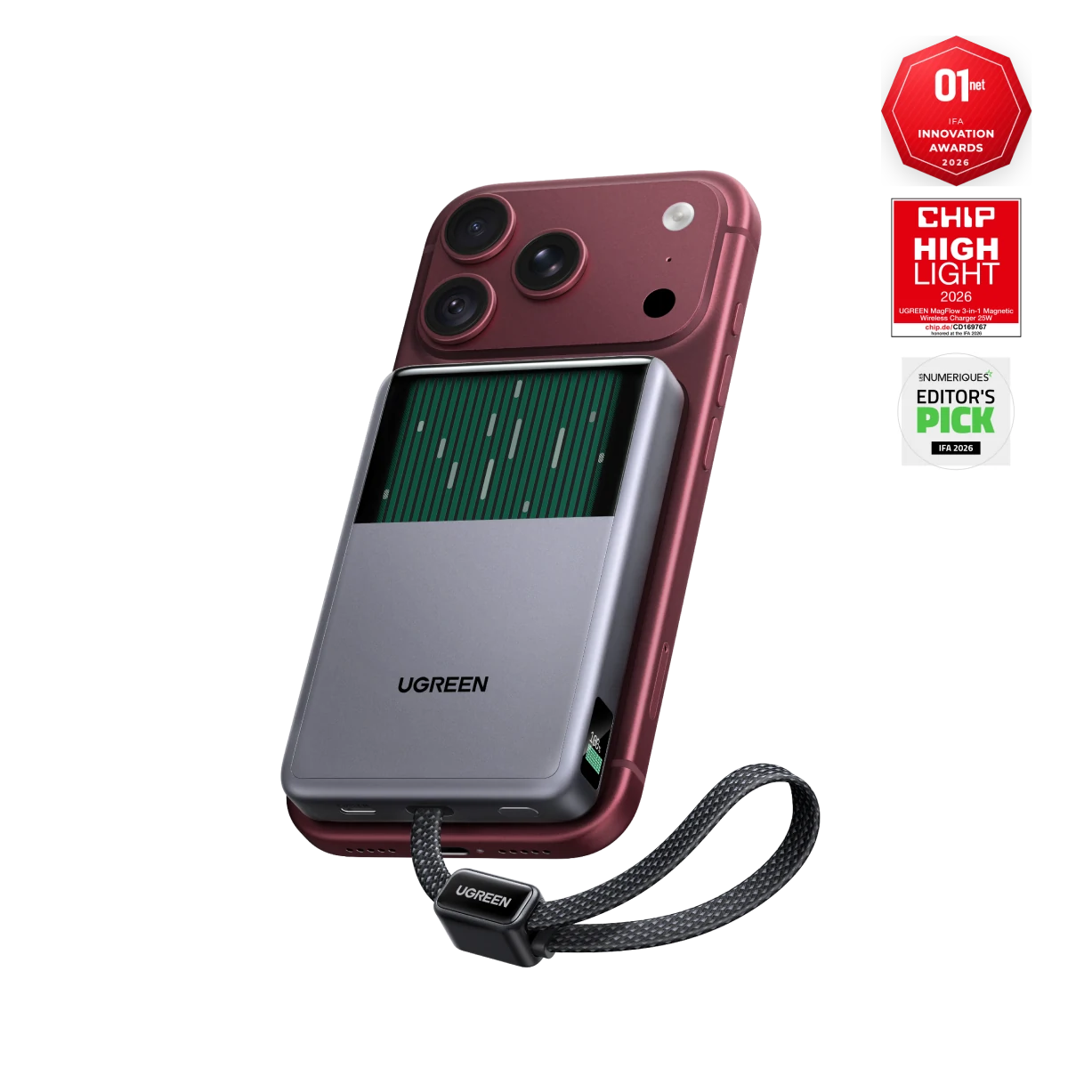 UGREEN MagFlow Pro Batterie Externe Magnétique (10 000 mAh, Qi2 25 W, Câble USB-C Intégré 45 W)