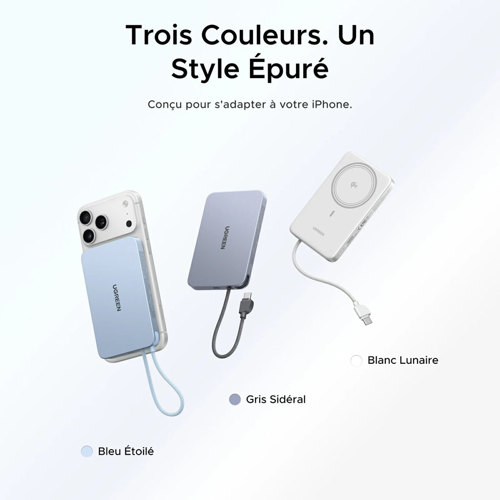 UGREEN MagFlow Air Batterie Externe Magnétique (10 000 mAh, Qi2 15 W, Câble USB-C Intégré)