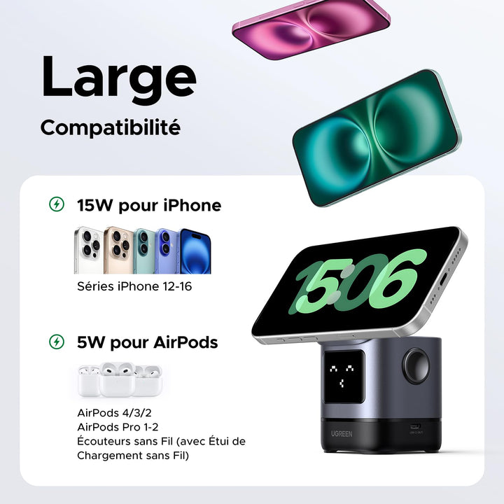 UGREEN Uno Qi2 Chargeur Induction iPhone 2 en 1 Certifié 15W Compatible avec MagSafe