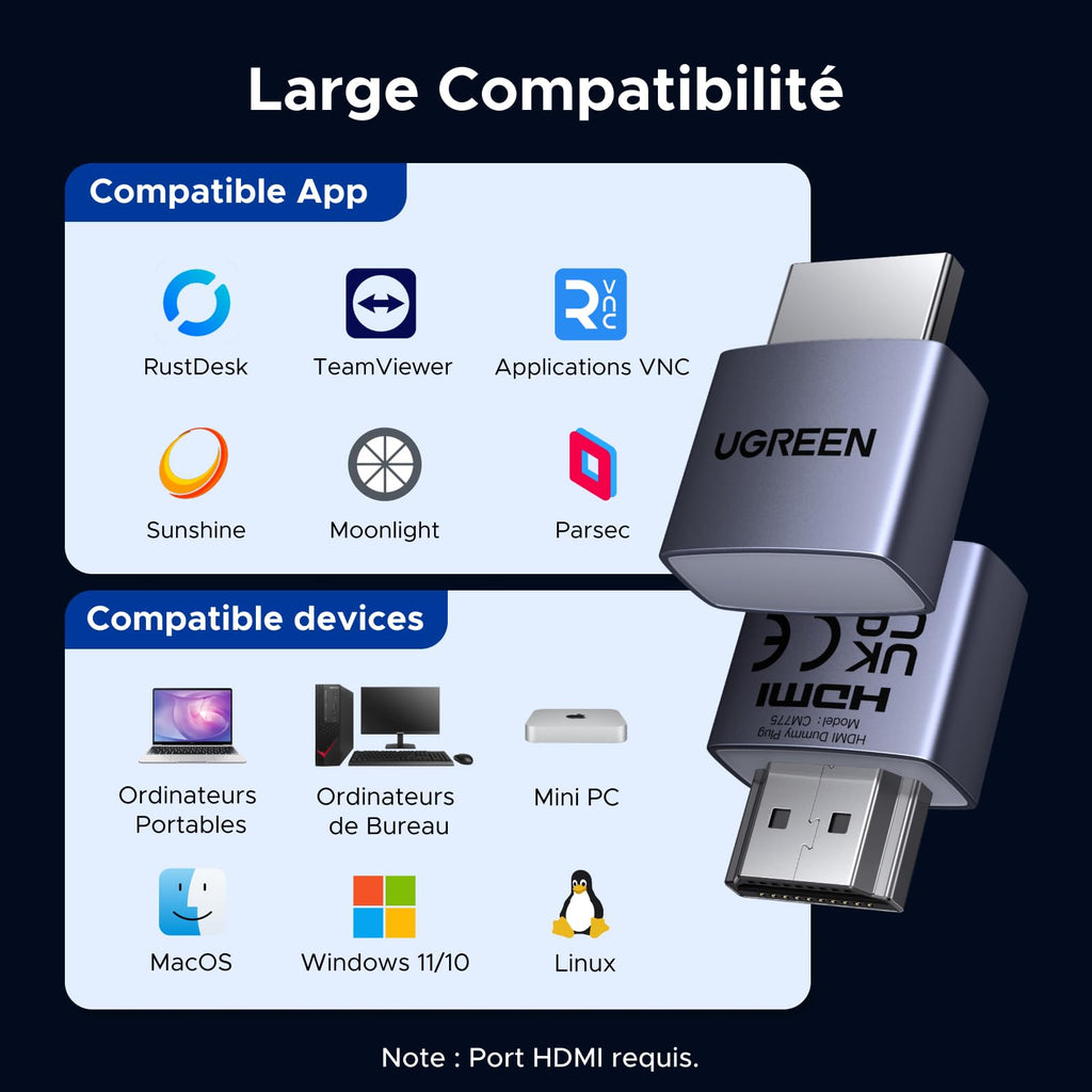 UGREEN Lot de 4 HDMI Dummy Plug 4K 60Hz EDID Émulateur d'Affichage HDCP