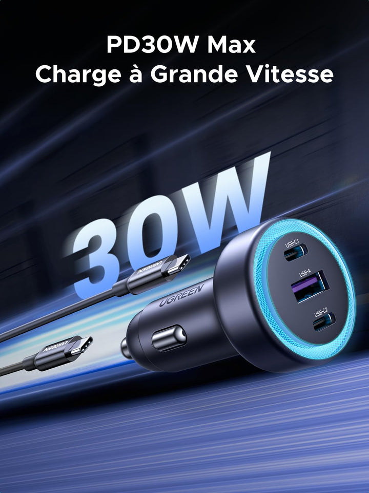 UGREEN Allume Cigare USB C 3 Ports 30W PD QC 3.0 Chargeur Voiture Rapide Lumière LED Compatible avec iPhone 16 Plus Pro Max 15 14 13 Galaxy S24 Ultra S23 Pixel 9 8 7