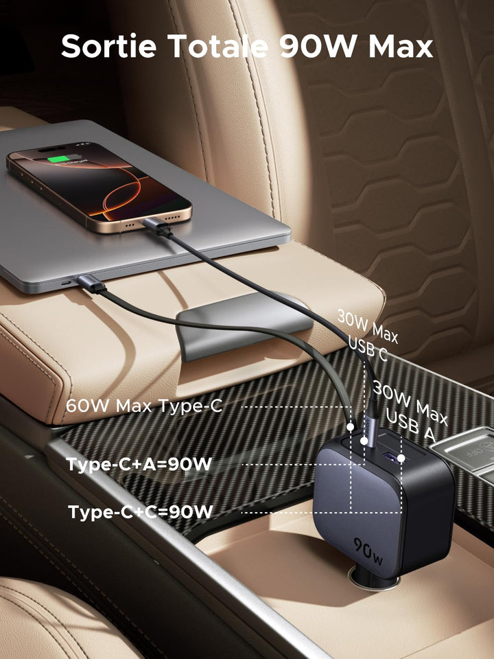 Le chargeur de voiture UGREEN Nexode 90W avec câble USB-C rétractable et double port fournit une puissance totale de 90W, un chargeur de voyage idéal pour plusieurs appareils en déplacement.