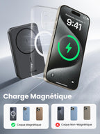 Batterie externe magnétique UGREEN Nexode Mini compatible MagSafe, permettant une charge sans fil stable sur iPhone 12 ou supérieur sans coque, et optimisée avec une coque magnétique