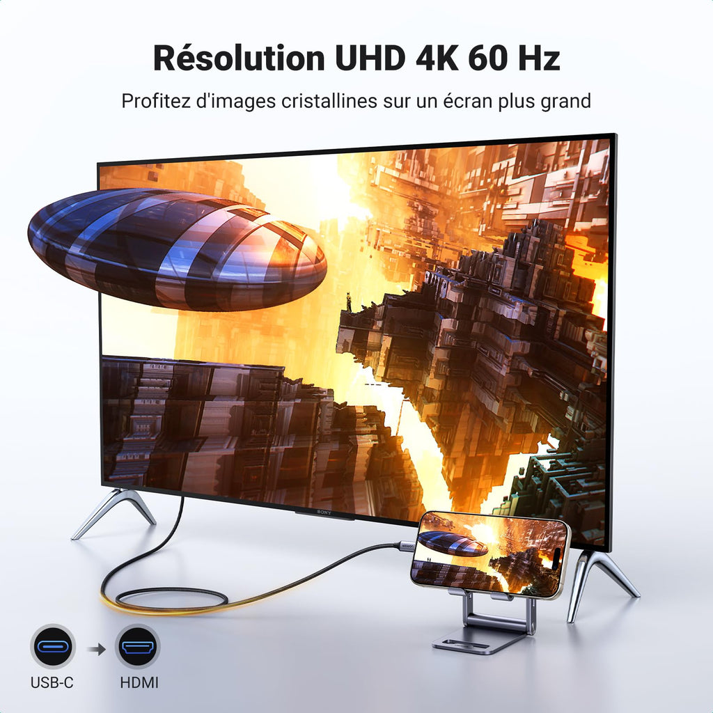 UGREEN Câble USB C vers HDMI 4K 60Hz 18Gbps Thunderbolt 4 3 HDMI2.0 1M