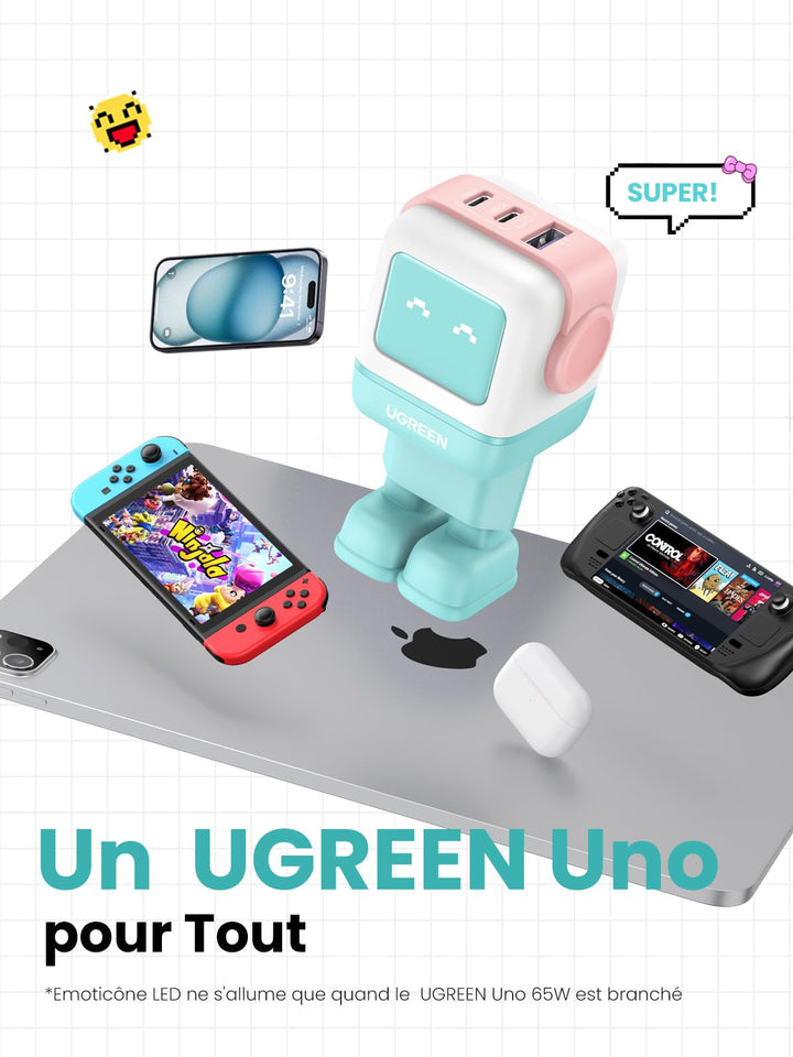 UGREEN Uno Chargeur 65W Chargeur USB C Rapide 3 Ports (Bleu Rosé)