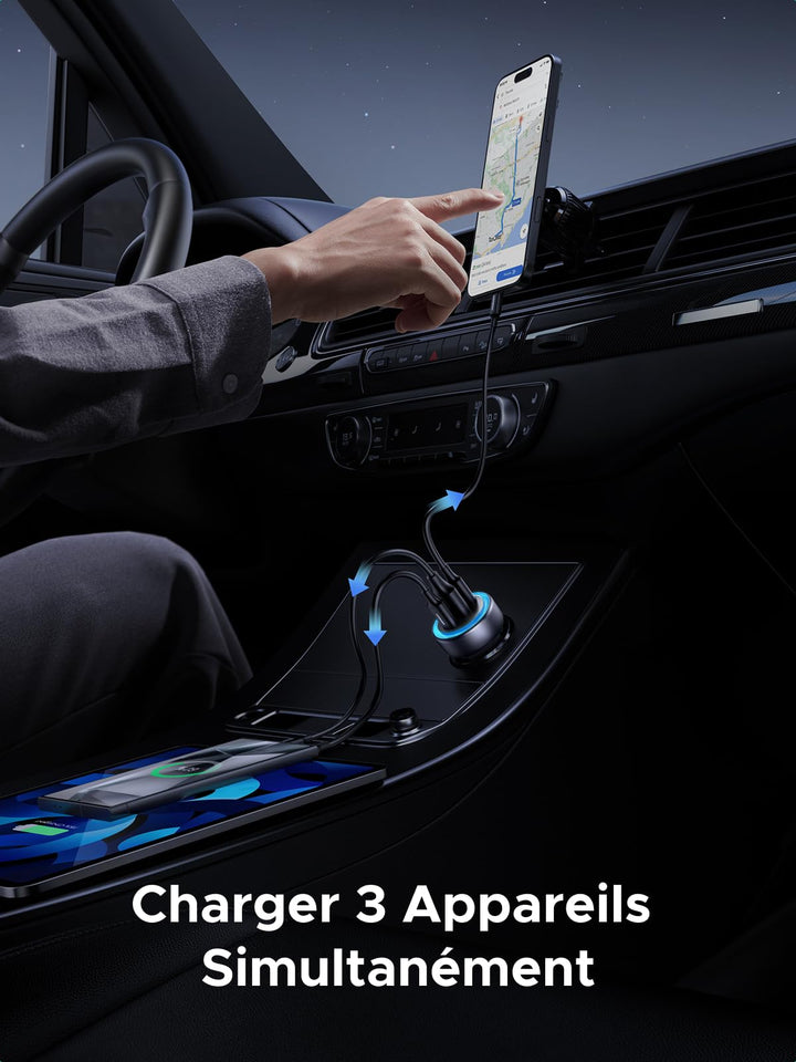 UGREEN Allume Cigare USB C 3 Ports 30W PD QC 3.0 Chargeur Voiture Rapide Lumière LED Compatible avec iPhone 16 Plus Pro Max 15 14 13 Galaxy S24 Ultra S23 Pixel 9 8 7