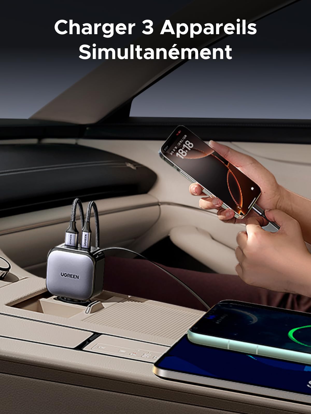 Le chargeur de voiture UGREEN Nexode 90W avec câble USB-C rétractable prend en charge la charge simultanée de 3 appareils, répartissant intelligemment la puissance entre le câble USB-C 60W intégré, le port USB-C 7,5W et le port USB-A 7,5W pour une recharge efficace en voiture.