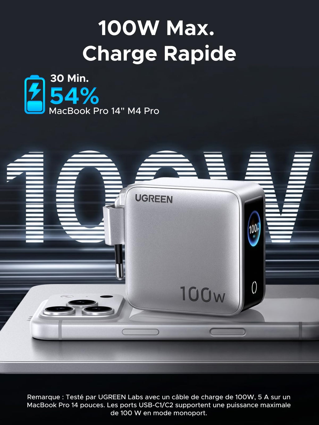 UGREEN Nexode Pro 100W Chargeur Rapide USB C 4 Ports avec Écran Intelligent | GaN Tech, Compatible avec iPhone 17 Pro Max Air 16 15 14 13 Galaxy S26 S25 Pixel 10 9 iPad MacBook Neo Air Pro M5 M4 M3 M2 M1
