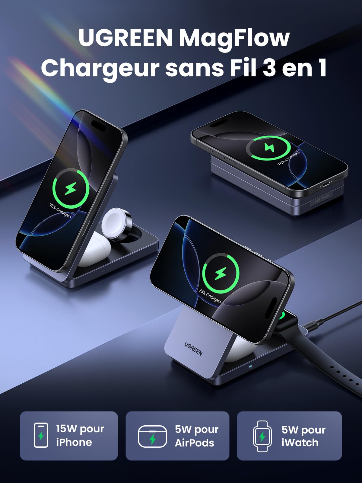 Avec un design compatible MagSafe et une forte stabilité magnétique, le chargeur sans fil UGREEN MagFlow 3-en-1 fournit une charge Qi2 15W pour iPhone, ainsi qu’une charge de 5W pour AirPods et Apple Watch.