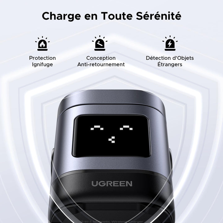 UGREEN Uno Qi2 Chargeur Induction iPhone 2 en 1 Certifié 15W Compatible avec MagSafe