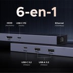 UGREEN Revodok Pro 1061 Hub USB-C 6-en-1 (10Gbps, 4K@60Hz, PD100W) -6 en 1