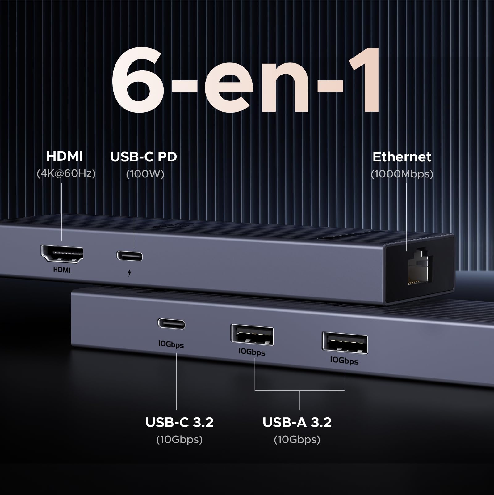 UGREEN Revodok Pro 1061 Hub USB-C 6-en-1 (10Gbps, 4K@60Hz, PD100W) -6 en 1