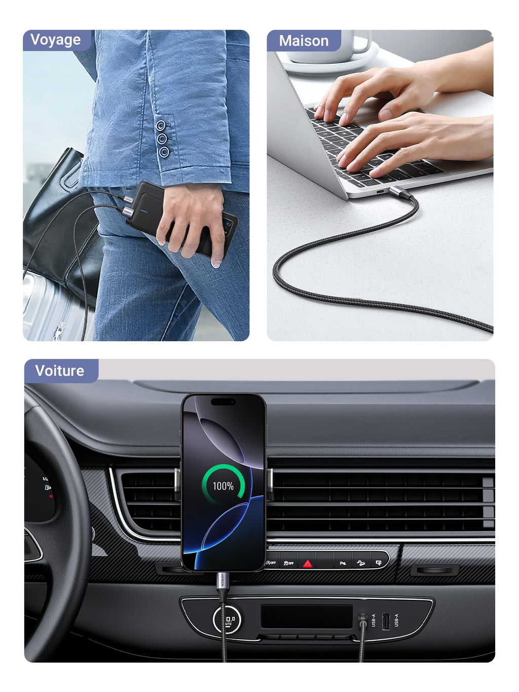 UGREEN Câble USB C Charge Rapide 3A QC3.0 480Mbps Nylon Tressé (0.5M,1Pack)