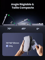 Le chargeur sans fil UGREEN MagFlow 3-en-1 combine la technologie compatible MagSafe, la charge Qi2 15W et une fixation magnétique sécurisée dans un design compact de 116×66×25 mm pesant 260 g, avec angles ajustables à 70°, 45° et 0°.