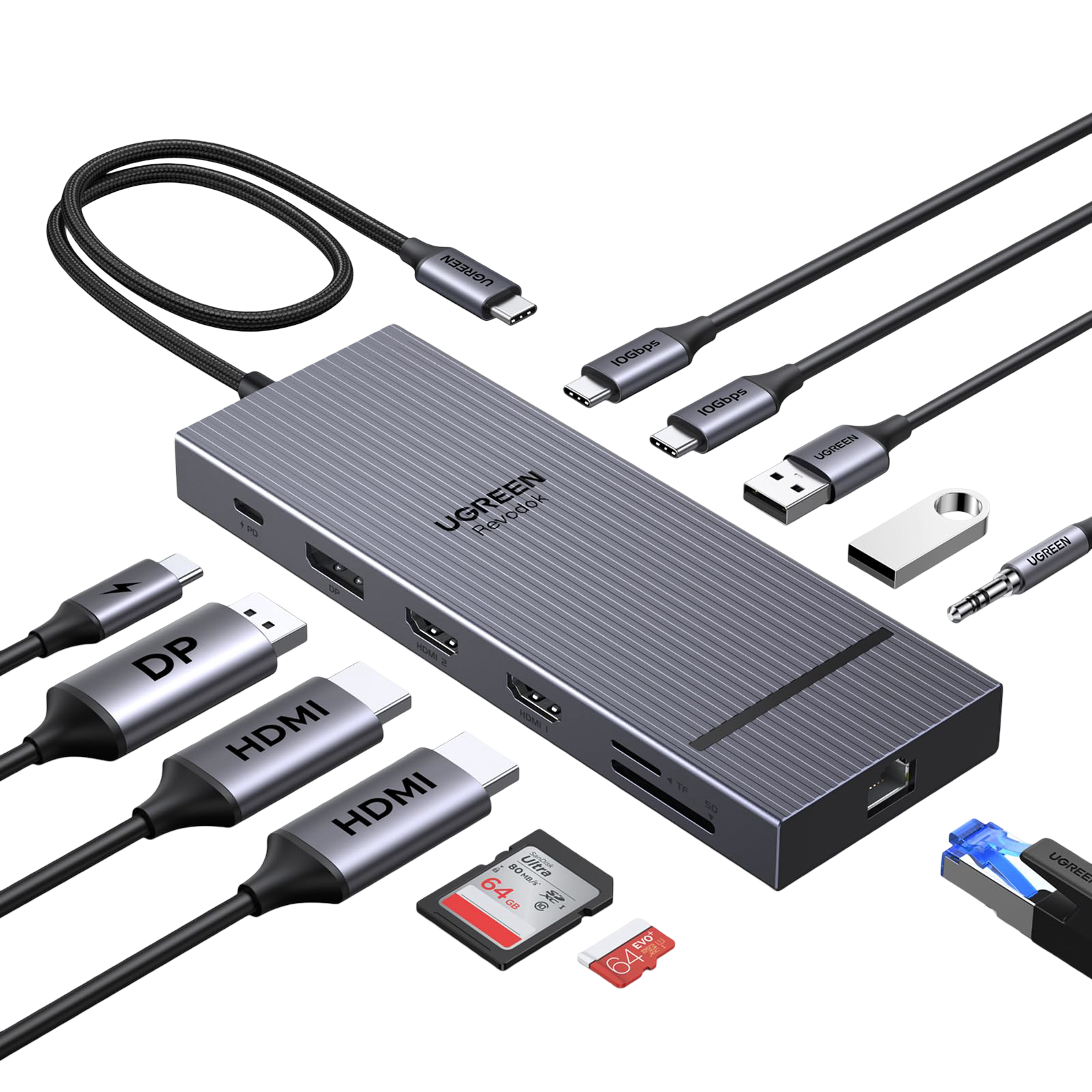 UGREEN Revodok Pro 3121 Hub USB-C 12-en-1 (HDMI 4K@60Hz, DP 4K@120Hz, Triple Affichage, 10 Gbps, PD 100 W)