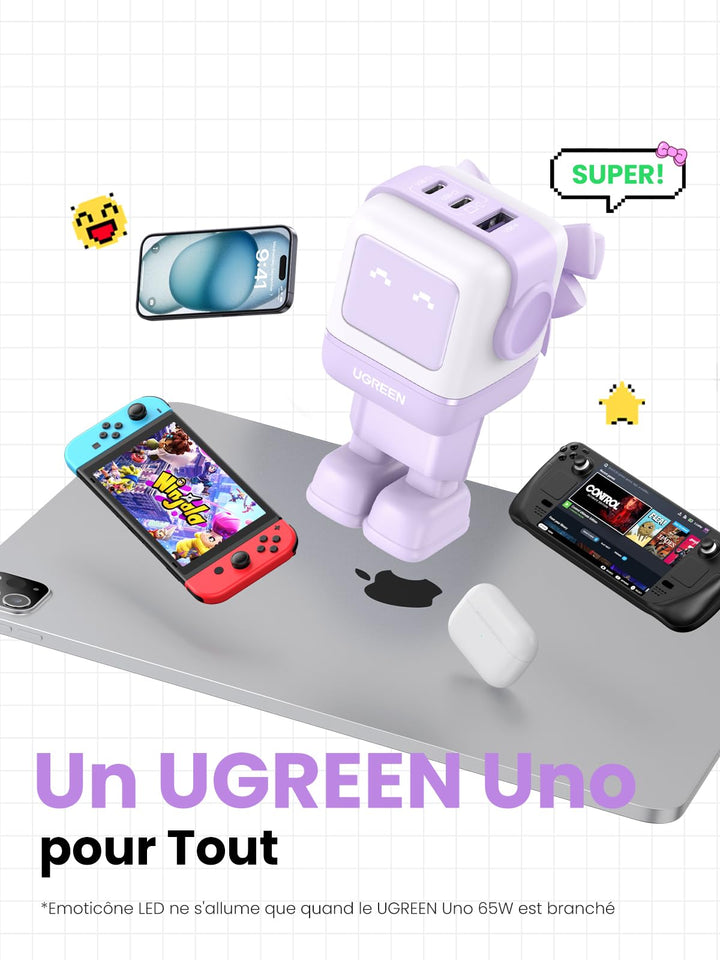 UGREEN Uno Chargeur 65W USB C Rapide 3 Ports (Violet)