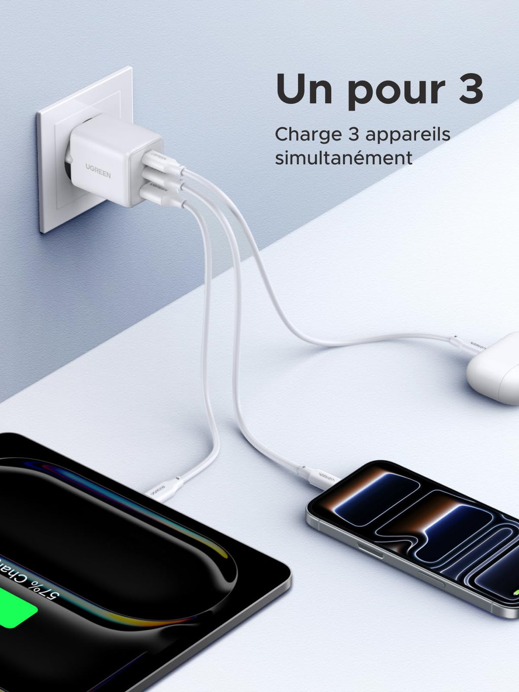 UGREEN Zapix 30W Chargeur USB C Rapide iPhone 3 Ports Prise Secteur(Blanc)