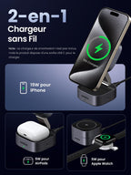 UGREEN MagFlow chargeur sans fil 2-en-1 pour appareils Apple, entièrement compatible MagSafe, délivrant une charge sans fil Qi2 15 W pour iPhone et une charge de 5 W pour les AirPods, avec un alignement magnétique puissant pour une charge sécurisée et efficace de deux appareils simultanément.