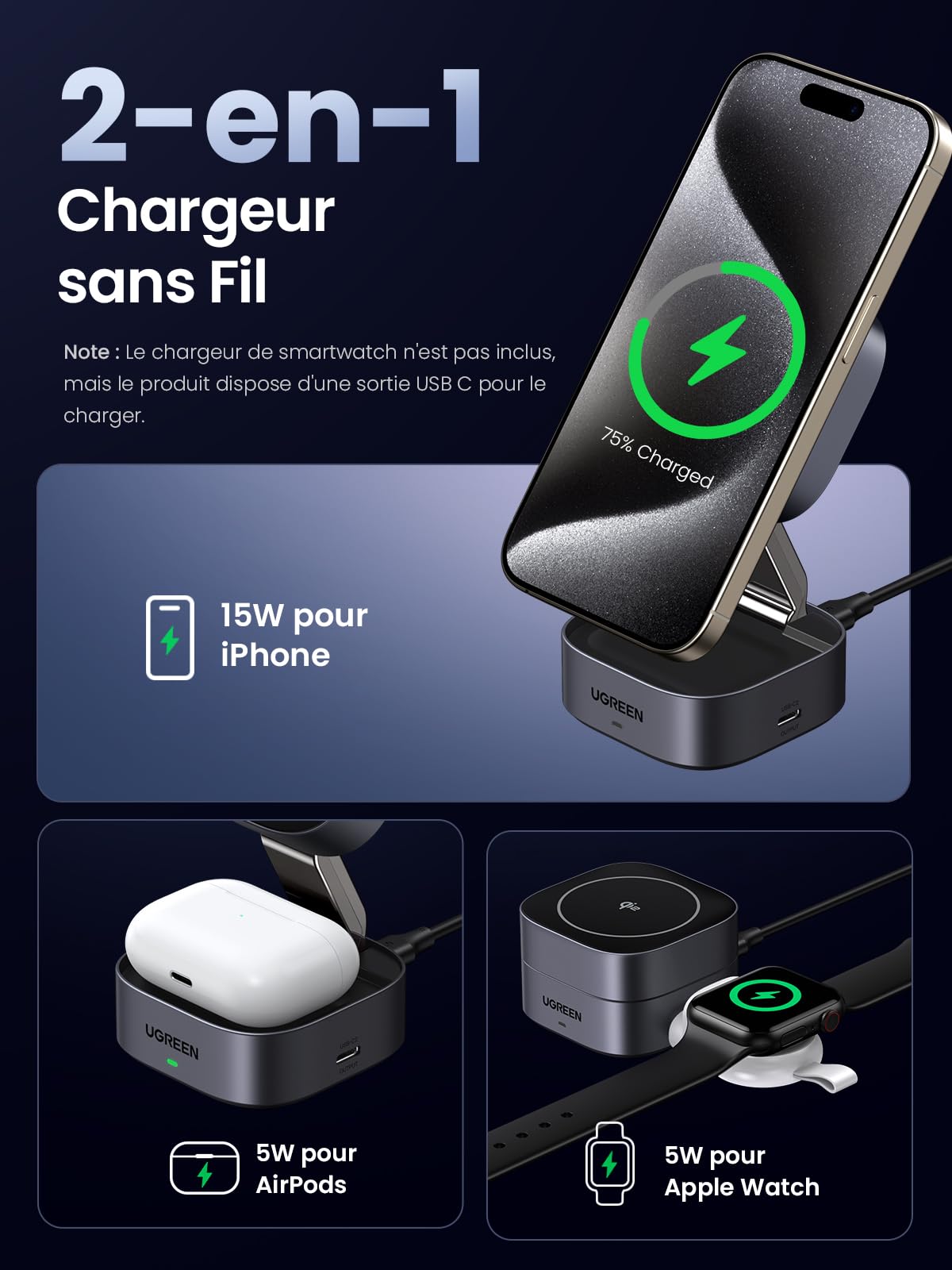 UGREEN MagFlow chargeur sans fil 2-en-1 pour appareils Apple, entièrement compatible MagSafe, délivrant une charge sans fil Qi2 15 W pour iPhone et une charge de 5 W pour les AirPods, avec un alignement magnétique puissant pour une charge sécurisée et efficace de deux appareils simultanément.