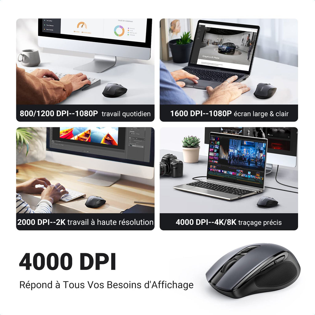 UGREEN Souris sans Fil Ergonomique Silencieuse 2,4GHz 4000 DPI Optique Réglable avec Récepteur USB Souris Ordinateur Autonomie de Pile Prolongée Compatible avec Mac PC Portable Tablette (Noir)