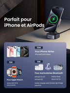UGREEN MagFlow chargeur sans fil 2-en-1, entièrement compatible MagSafe, supportant la charge sans fil Qi2 15 W pour iPhone 15/14/13, et fournissant une charge de 5 W pour l’Apple Watch (Series 9/8/7/6/5, Ultra2, SE) ainsi que pour les écouteurs Bluetooth tels que AirPods, Galaxy Buds et Xiaomi Air 2s, avec un alignement magnétique puissant pour une charge sécurisée.